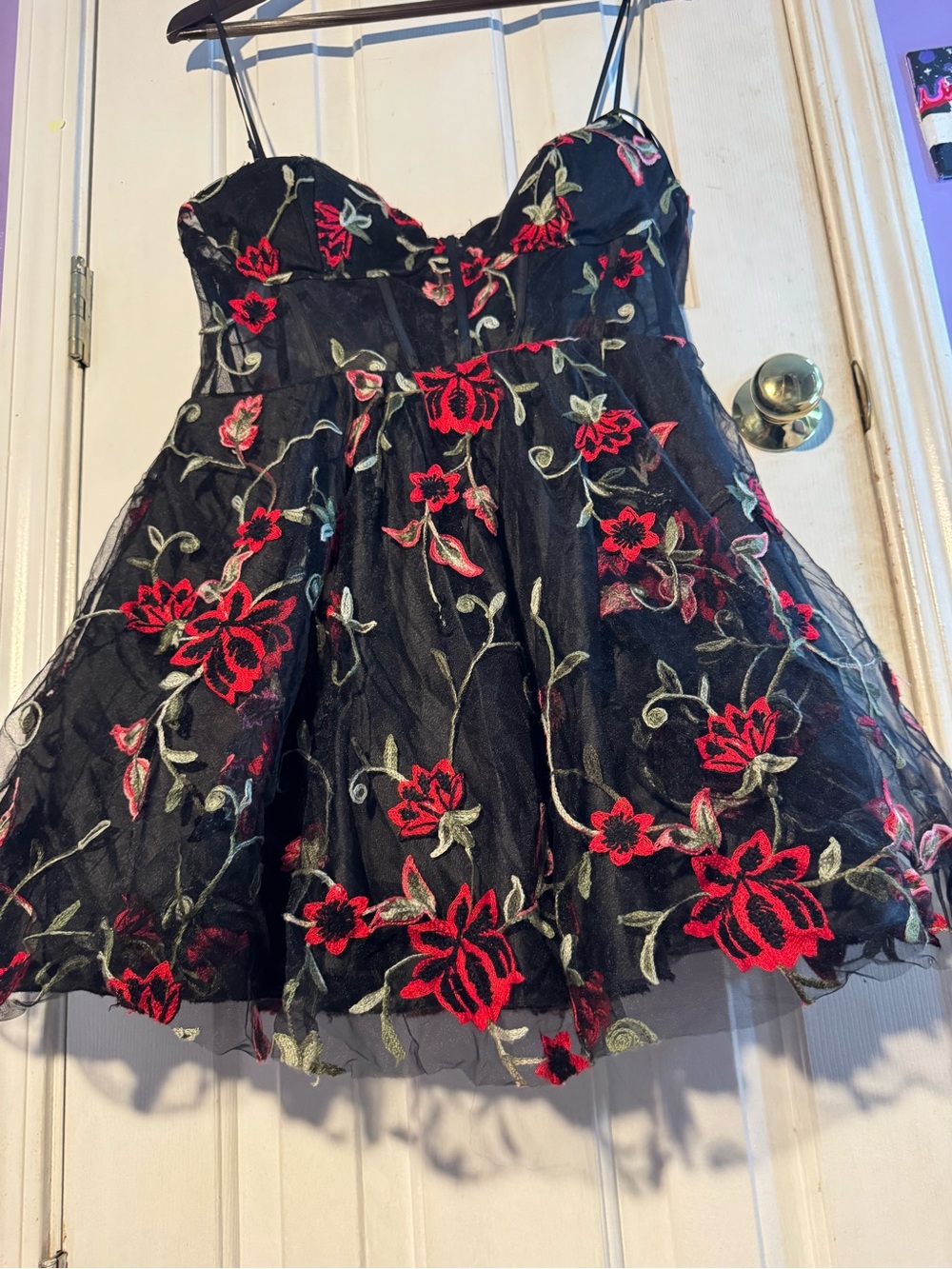 Girls Black Dress with Red Floral Embroidery